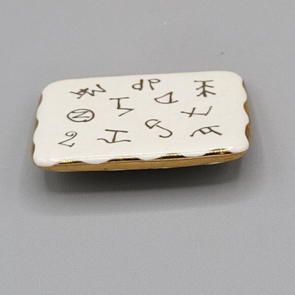 Vintage Ceramic Enamel Brooch With Ancient Symbol Design & Gold Tone Trim - Picture 3 of 7